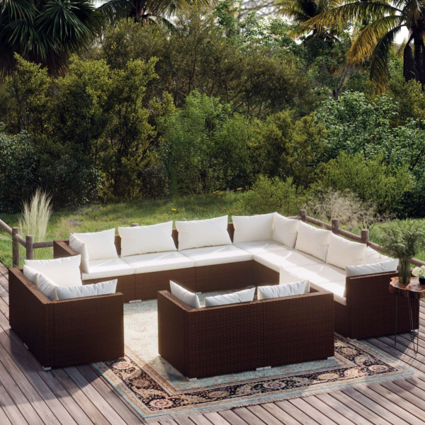 Conjunto de móveis de jardim 11 peças com almofadas de vime sintético marrom D