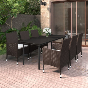 Set comedor de jardín 7 pzas y cojines ratán sintético y vidrio D