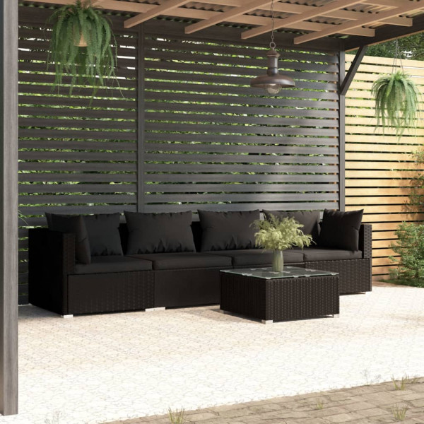 Conjunto de sofá de jardim de 5 peças e almofadas de vime sintético preto D