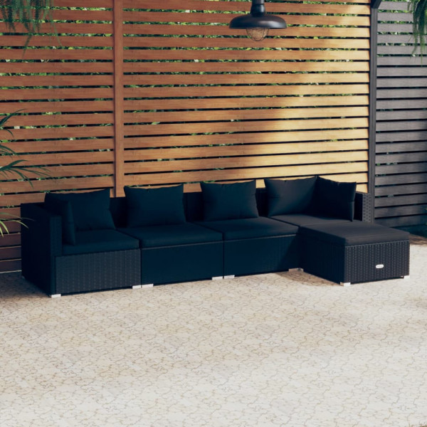 Conjunto de móveis de jardim de 5 peças e almofadas de vime sintético preto D