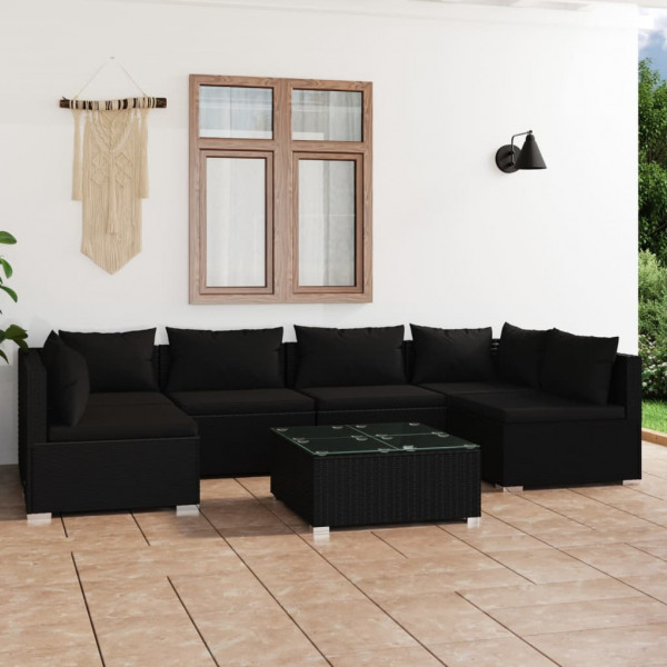 Set de muebles de jardín 7 pzas y cojines ratán sintético negro Set de muebles de jardín 7 pzas y cojines ratán sintético negro D