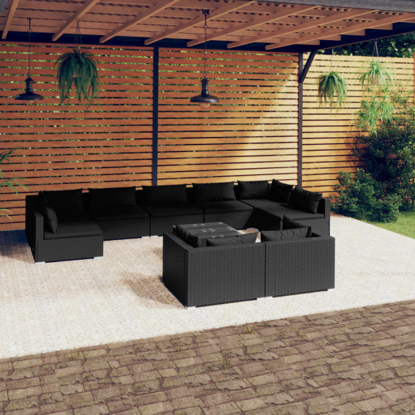 Conjunto de móveis de jardim 10 pcs almofadas ratão sintético preto D