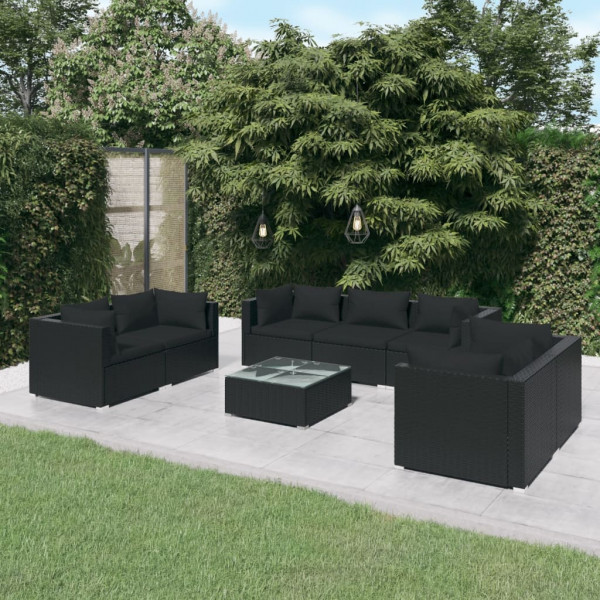 Conjunto de mobiliário de jardim 8 peças e almofadas ratão sintético preto D