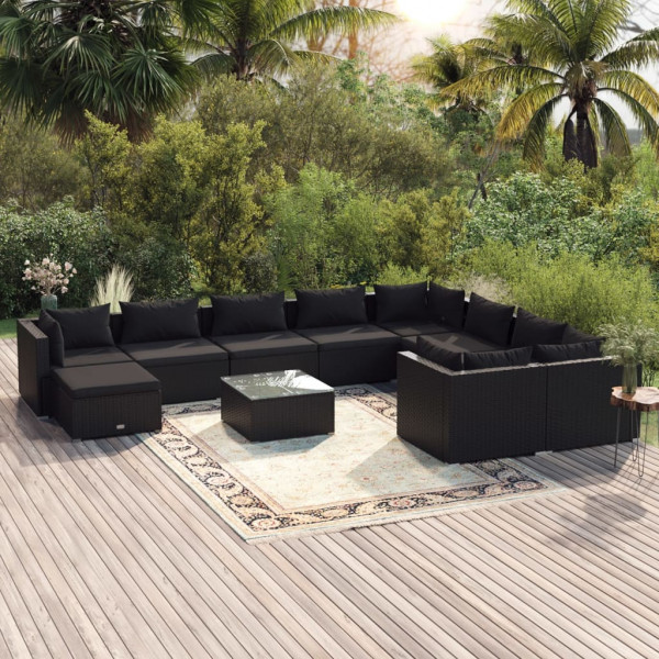 Conjunto de móveis de jardim com 11 peças de almofadas de vime sintético preto D