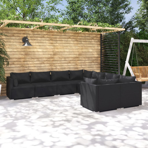 Set de muebles de jardín 8 pzas y cojines ratán sintético negro Set de muebles de jardín 8 pzas y cojines ratán sintético negro D