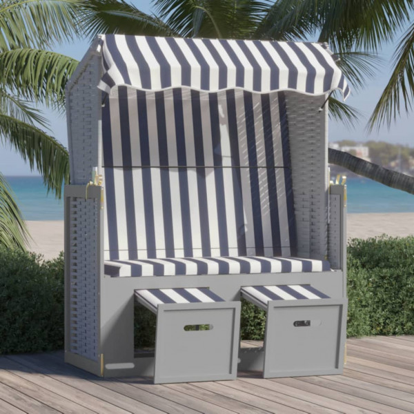 Cadeira de praia Strandkorb dossel madeira de vime sintético azul branco D