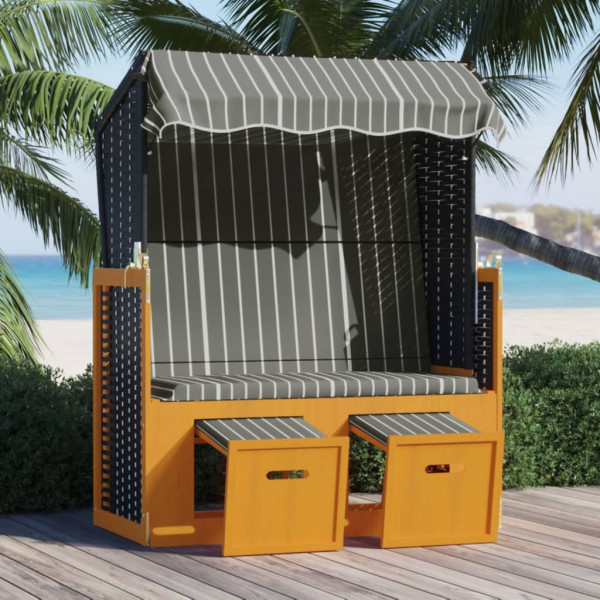 Cadeira de praia Strandkorb dossel em madeira de vime sintético preto cinza D