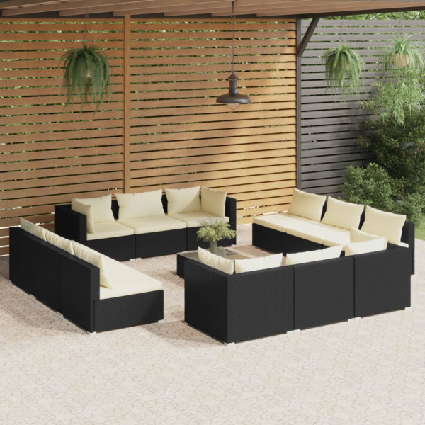 Conjunto de móveis de jardim com 13 peças de almofadas de vime sintético preto D