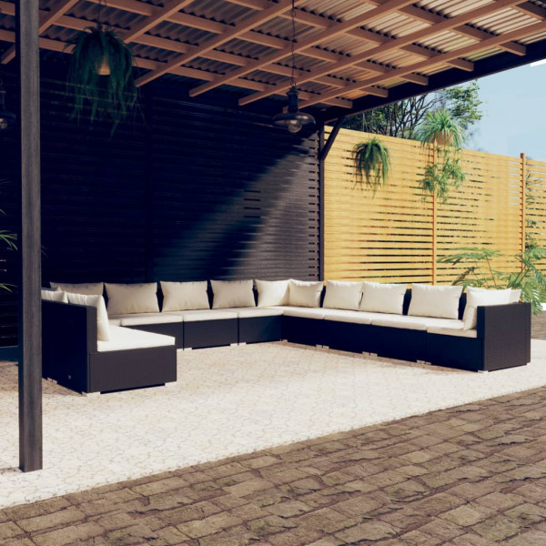 Set de muebles de jardín 11 pzas cojines ratán sintético negro Set de muebles de jardín 11 pzas cojines ratán sintético negro D