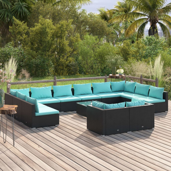 Conjunto de móveis de jardim com 13 peças de almofadas de vime sintético preto D