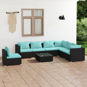 Set de muebles de jardín 8 pzas y cojines ratán sintético negro D