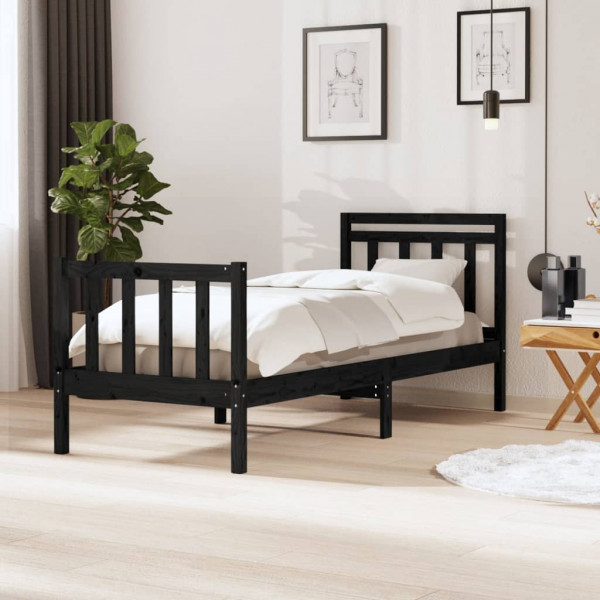Estrutura de cama individual madeira maciça preta 75x190 cm D