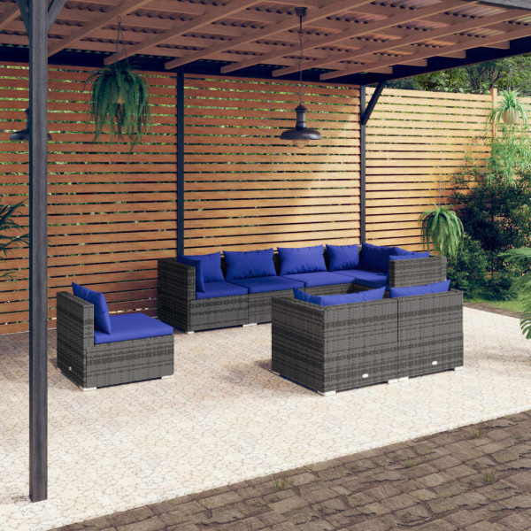 Conjunto de mobiliário de jardim de 8 peças e almofadas Ratão sintético cinza D