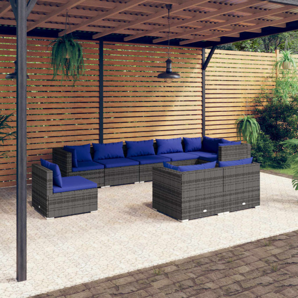 Conjunto de mobiliário de jardim de 9 peças e almofadas Ratão sintético cinza D