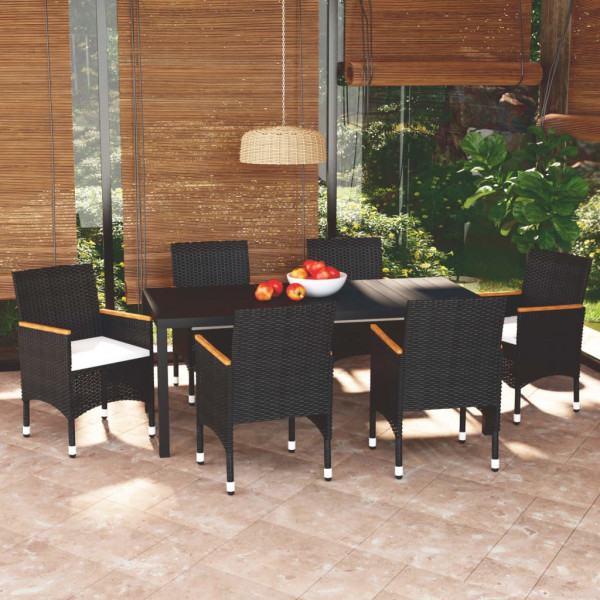 Set de comedor de jardín 7 pzas y cojines ratán sintético negro D