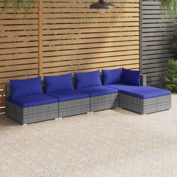 Conjunto de sofá de jardim de 5 peças e almofadas de vime sintético cinza D