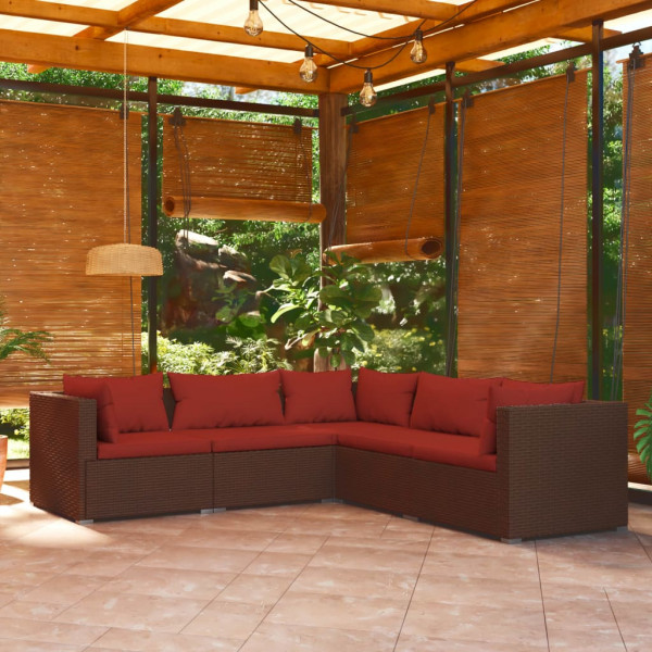 Set sofás de jardín 5 piezas y cojines ratán sintético marrón D