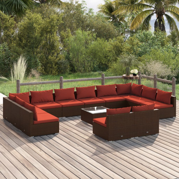 Set muebles de jardín 13 piezas cojines ratán sintético marrón Set muebles de jardín 13 piezas cojines ratán sintético marrón D