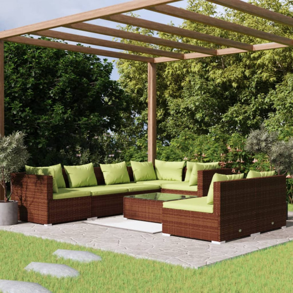 Set muebles de jardín 8 piezas y cojines ratán sintético marrón Set muebles de jardín 8 piezas y cojines ratán sintético marrón D