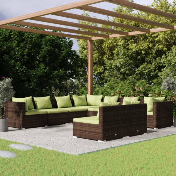 Set muebles de jardín 9 piezas y cojines ratán sintético marrón Set muebles de jardín 9 piezas y cojines ratán sintético marrón D