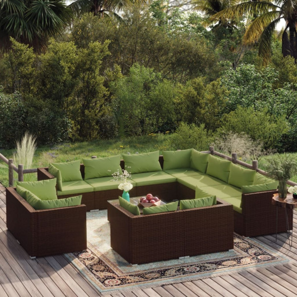 Conjunto de móveis de jardim com 12 peças e almofadas de vime sintético marrom D