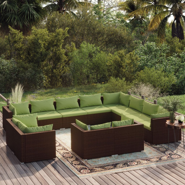 Conjunto de móveis de jardim com 12 peças e almofadas de vime sintético marrom D