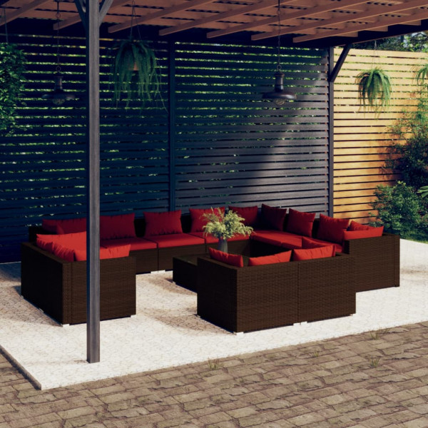Set muebles de jardín 13 pzas y cojines ratán sintético marrón Set muebles de jardín 13 pzas y cojines ratán sintético marrón D