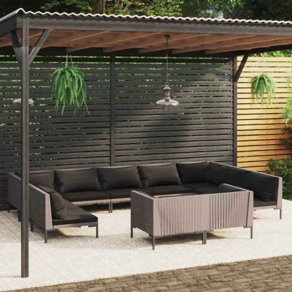 Set muebles jardín 11 pzas cojines ratán sintético gris oscuro Set muebles jardín 11 pzas cojines ratán sintético gris oscuro D