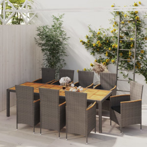 Set de comedor de jardín 9 pzas y cojines ratán sintético gris D