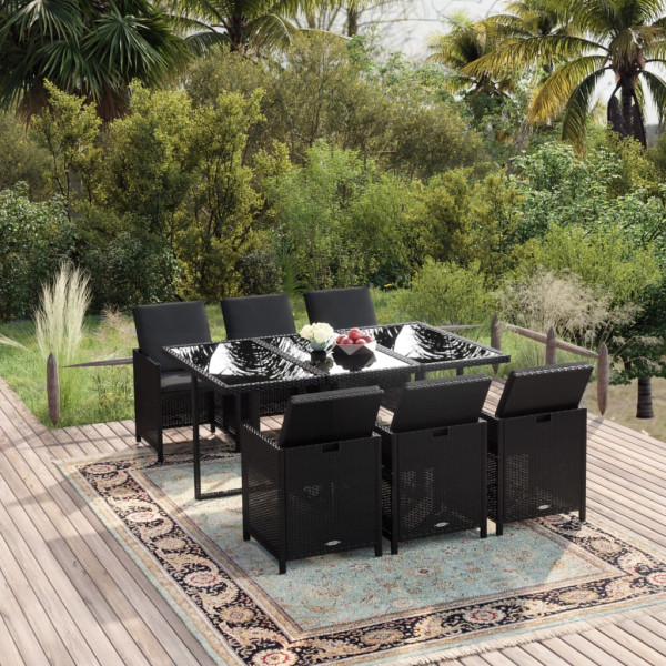 Juego comedor jardín 7 pzas con cojines ratán sintético negro D