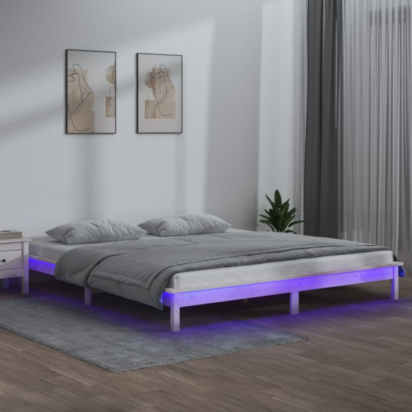 Estrutura de cama com LED madeira maciça branca 160x200 cm D