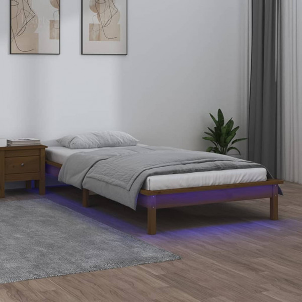 Estrutura de cama com LED madeira maciça marrom mel 90x190 cm D