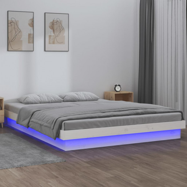 Estrutura de cama com LED madeira maciça branca 135x190 cm D