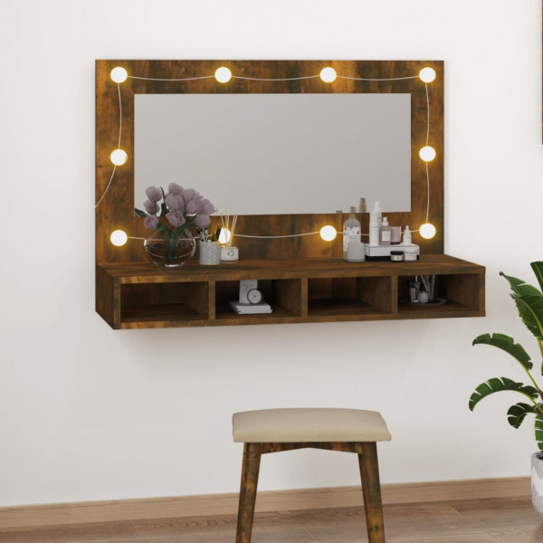 Mueble con espejo y LED color roble ahumado 90x31.5x62 cm D