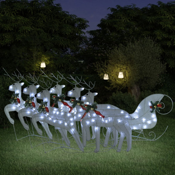 Decoración navideña de renos y trineo de jardín blanco 140 LEDs D