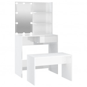 Juego de tocador con LED madera contrachapada blanco brillante D