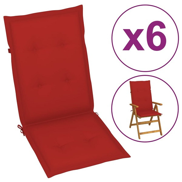 Cojín silla de jardín respaldo alto 6 uds tela rojo 120x50x3 cm D