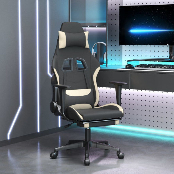 Cadeira de massagem gaming com suporte de pés de tecido preto e creme D
