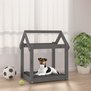 Cama para perros madera maciza de pino gris 61x50x70 cm D