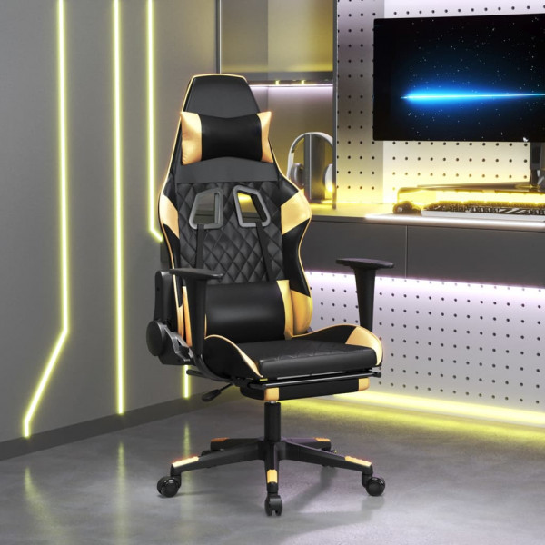 Cadeira de massagem de jogos e apoio de pés de couro sintético preto dourado D