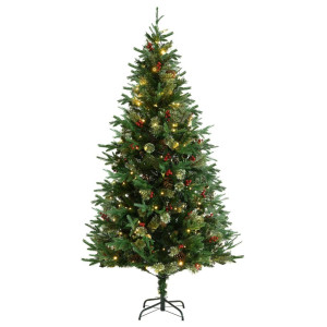 Árbol de Navidad con luces y piñas PVC PE verde 195 cm D