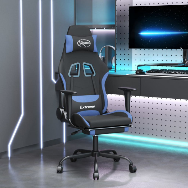 Cadeira gamer com apoio para os pés em tecido preto e azul D