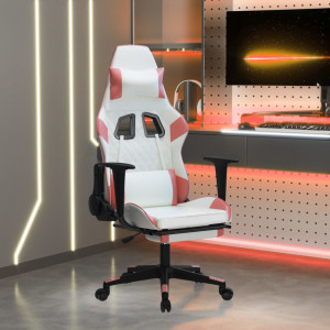 Cadeira de massagem de jogos e apoio de pés de couro sintético branco e rosa D