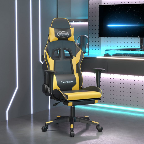 Cadeira gamer com apoio para pés em couro sintético preto dourado D