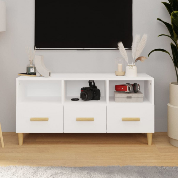 Mueble de TV madera contrachapada blanco brillo 102x36x50 cm D