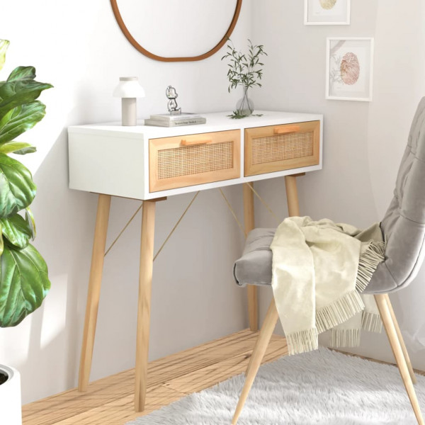 Mesa consola em madeira maciça de pinho branco rattan natural 80x30x75cm D