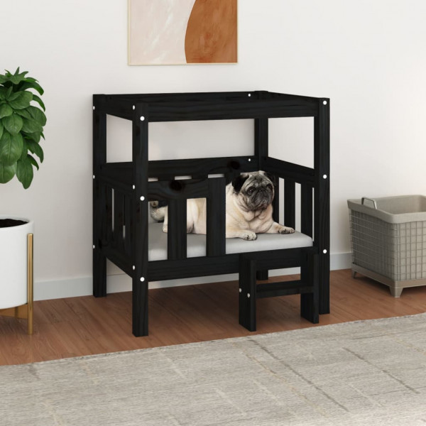 Cama de cão madeira maciça de pinho preto 65.5x43x70 cm D