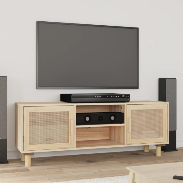 Mueble para TV madera maciza pino y ratán natural 105x30x40 cm D