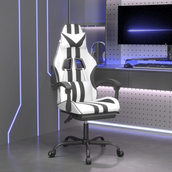 Silla gaming con reposapiés cuero sintético blanco negro D