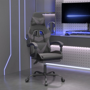 Silla gaming giratoria y reposapiés cuero sintético negro gris D